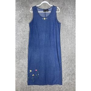 Erika Sleeveless Embroidered Beaded Floral Denim Dress Womens Size‎ Large Blue